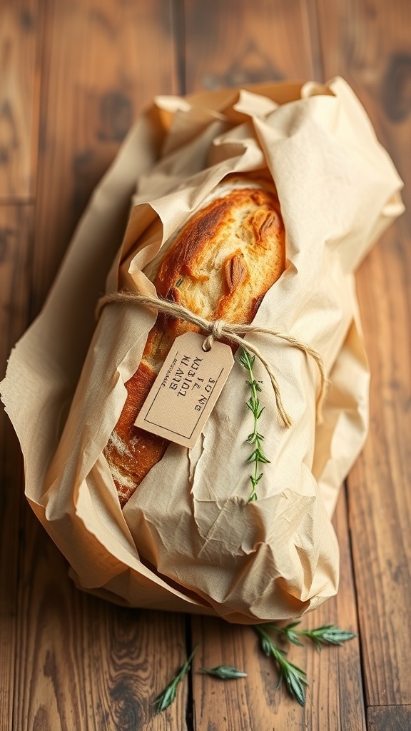 Sourdough bread wrapped in kraft paper and twine, with a decorative tag on a wooden table.